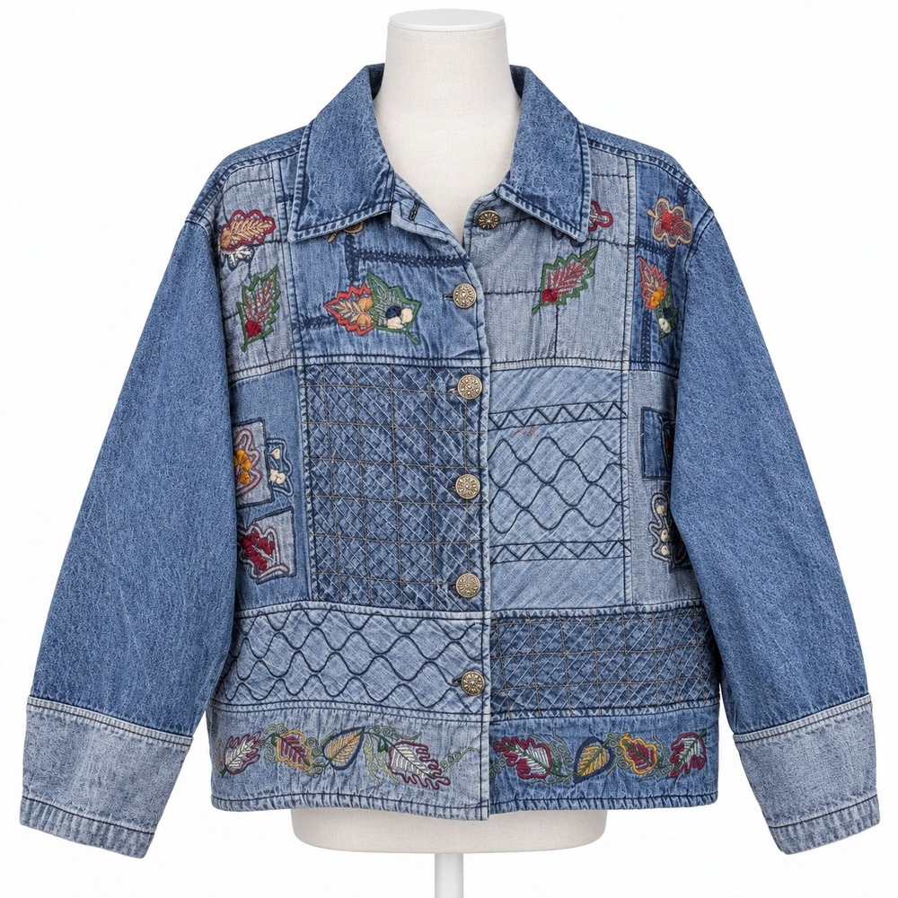 Vintage 90s Leaf Embroidered Patchwork Denim Jacket Size XL Fall Cottagecore